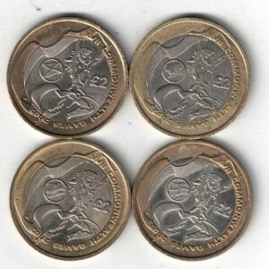 Four 2002 Commonwealth Games Two Pound Coins. These 2002 coins have the fourth portrait of Queen Elizabeth II on the obverse facing right.