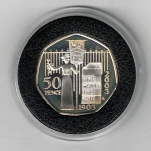 2003 Piedfort Silver Proof Fifty Pence Suffragette Movement coin. This coin comes in the original green box. Queen Elizabeth II on the Obverse.