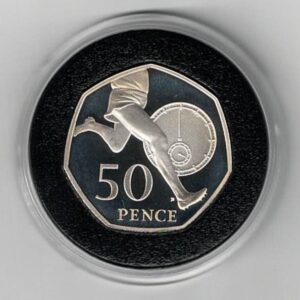 2004 Silver Proof Piedfort Fifty Pence Coin Four Minute Mile. This coin comes in the original box with certificate as issued by the royal mint.