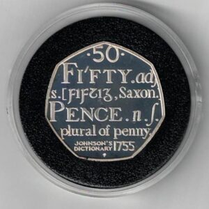 2005 Piedfort Silver Proof Fifty Pence Samuel Johnson's Dictionary coin. This coin comes in the original green box. Queen Elizabeth II on the Obverse.