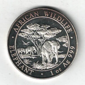 2012 Silver Somali republic One Ounce Elephant. This Coin does feature an Elephant. The coin contains one ounce of 999.9 fine silver.