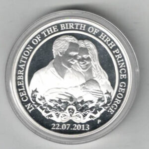 2013 Silver Australia One Ounce Birth Of HRH Prince George Coin. Elizabeth II is on the obverse. The royal family are on the reverse.