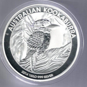 2014 Silver Australia Kookaburra One Kilo Coin. This coin features Queen Elizabeth II facing right. The reverse features a Koala on a branch.