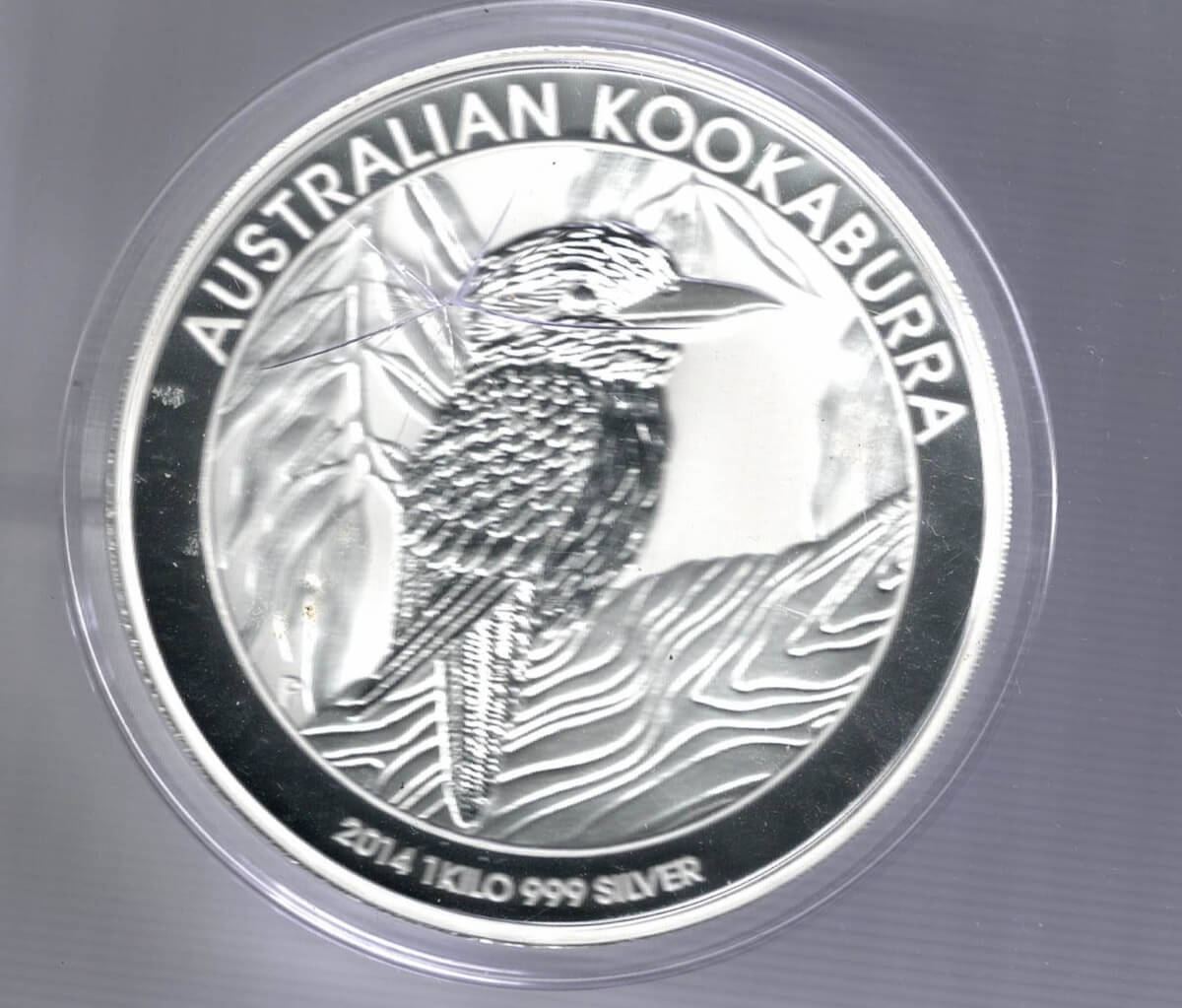 2014 Silver Australia Kookaburra One Kilo Coin. This coin features Queen Elizabeth II facing right. The reverse features a Koala on a branch.