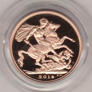 2014 Elizabeth II Gold Proof Full Sovereign Coin. This coin features Queen Elizabeth II on the obverse. St George and dragon on the reverse.