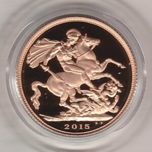 2015 Gold Sovereign - Proof. This coin is missing the certificate and box issued by the royal mint. The coin comes in a plastic coin capsule.