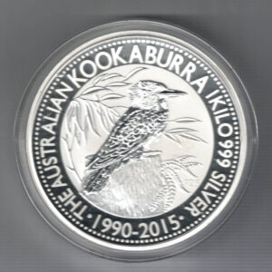 2015 Silver Australia Kookaburra One Kilo Coin. This coin features Queen Elizabeth II facing right. The reverse features a Koala on a branch.