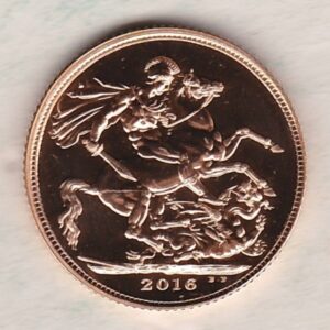 2016 Gold Sovereign Coin. This coin features the fifth portrait of Queen Elizabeth II on the obverse. St George and dragon on the reverse.