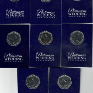 2017 Isle Of Man Platinum Wedding Anniversary Eight Coin Fifty Pence Set. All coins feature the portrait of Queen Elizabeth II. All coins are in stock.