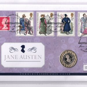 2017 Jane Austin BU Two Pound Coin Stamp Cover. This coin has the fifth portrait of Queen Elizabeth II on the obverse facing right.