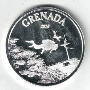 2018 Silver Grenada One Ounce Diving Paradise Coin. Elizabeth II is on the obverse, The Reef Octopus is on the reverse side of the coin.