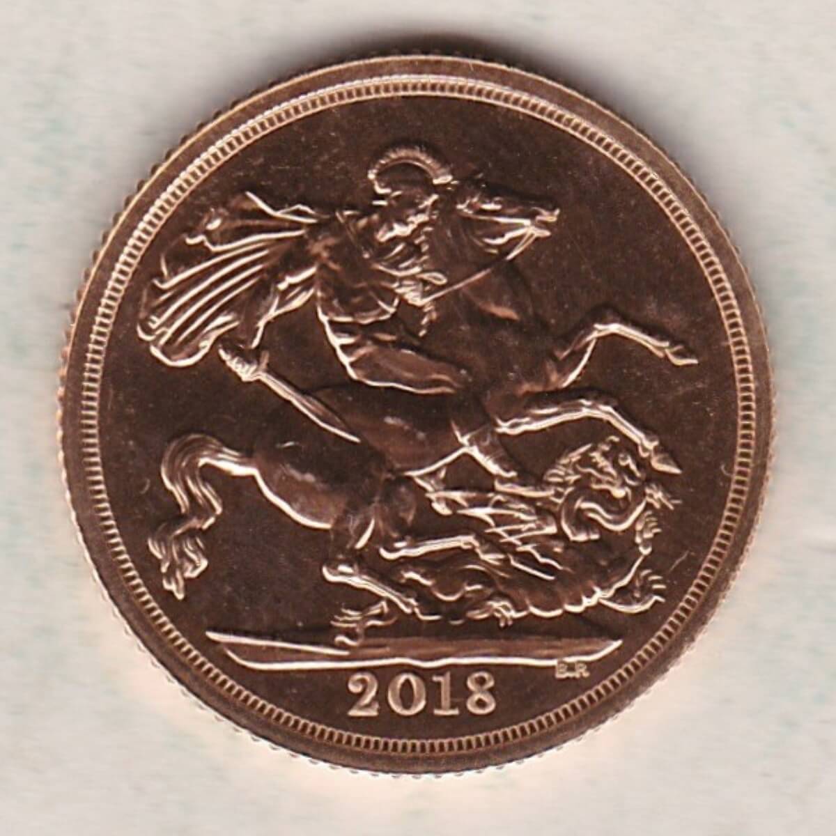 2018 Gold Sovereign Coin. This coin features the fifth portrait of Queen Elizabeth II on the obverse. St George and dragon on the reverse.