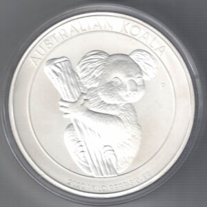 2020 Silver Australia Koala One Kilo Coin. This coin features Queen Elizabeth II facing right. The reverse features a Koala on a branch.