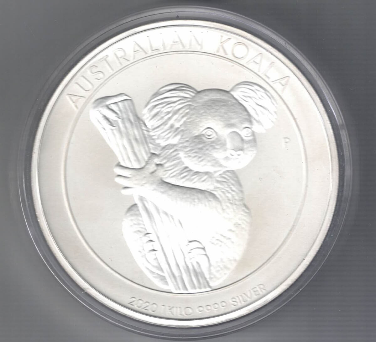 2020 Silver Australia Koala One Kilo Coin. This coin features Queen Elizabeth II facing right. The reverse features a Koala on a branch.