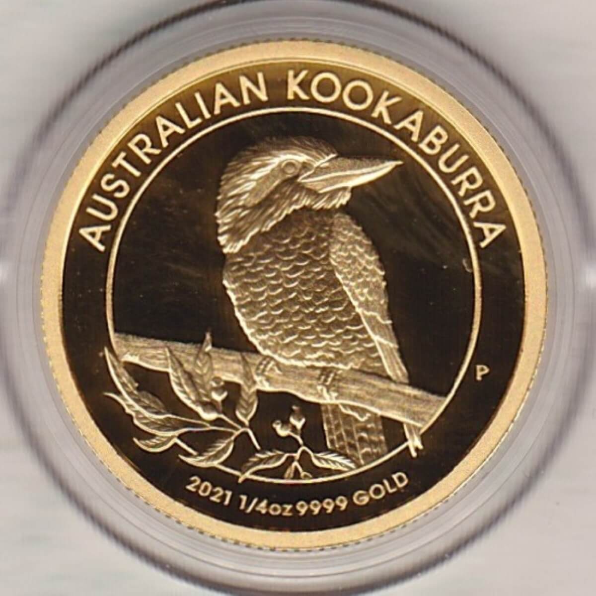 2021 Gold Proof Australia Quarter Ounce coin. The coin features Queen Elizabeth II on the obverse. The reverse features a Kookaburra.