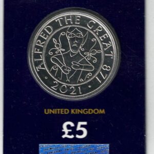 2021 Five Pounds featuring Queen Elizabeth II on the Obverse and the Reverse side features the Alfred the Great. All coins are instock.