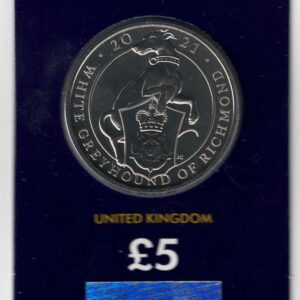2021 Five Pound Change Checker The White Greyhound of Richmond. Queen Elizabeth II on Obverse. This coin is in stock and ready to send.