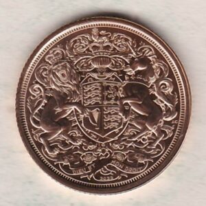 2022 Gold Full Sovereign Coin featuring King Charles III on the Obverse and features the Royal Coat of Arms of Queen Elizabeth II on the Reverse.