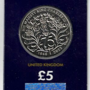 2023 Cupro-Nickle Five Pounds King Charles Coronation Coin. This coin features Charles III On the obverse side of the coin.