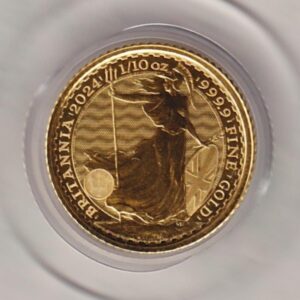 2024 Gold Tenth Ounce Britannia coin featuring King Charles III on the Obverse. The iconic image of Britannia on the Reverse.