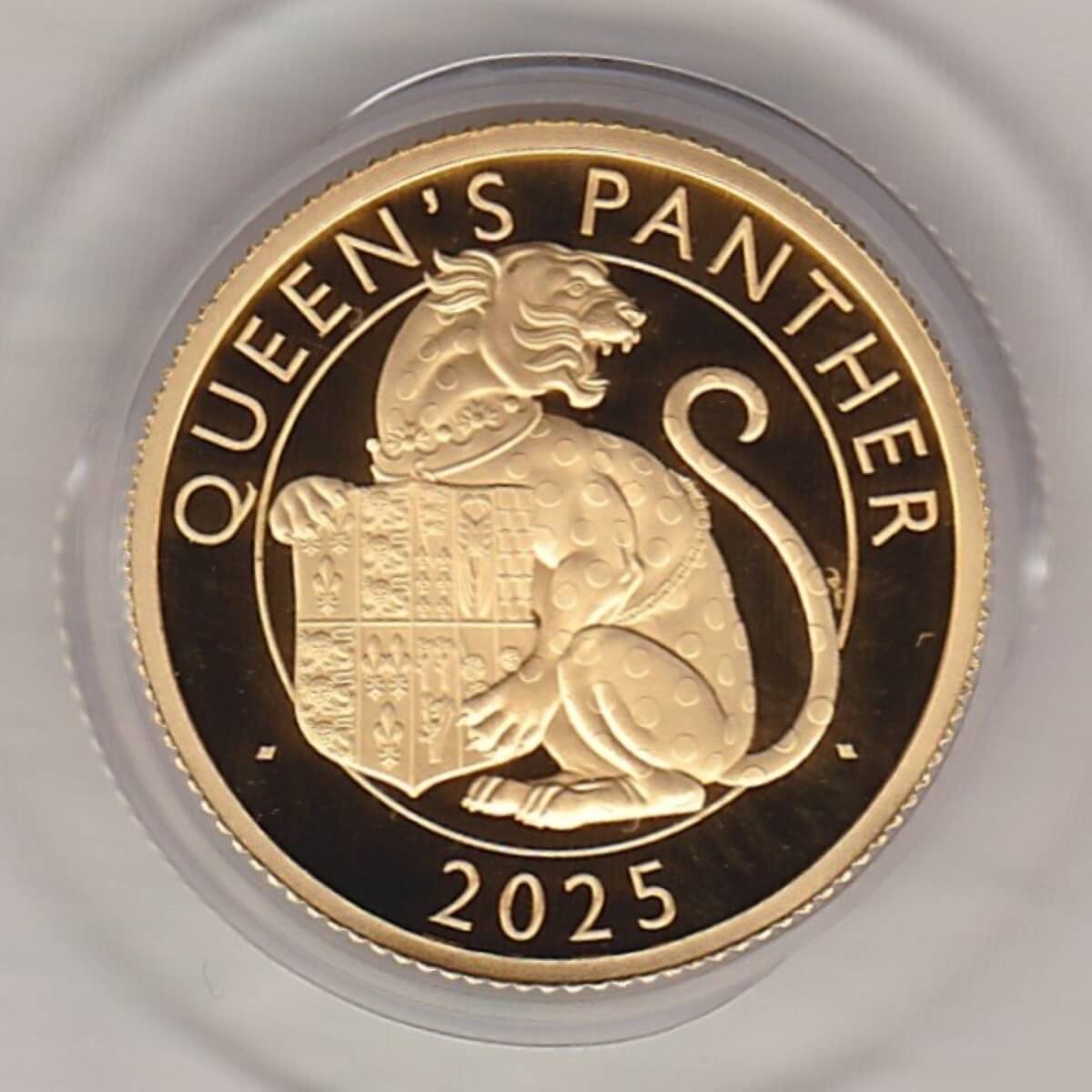 2025 Gold Proof Quarter Ounce Queen's Panther coin. The obverse features King Charles III. The reverse features the Tudor Panther.