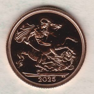 2025 Gold Sovereign Coin. The obverse features the portrait of King Charles III. St. George slaying the dragon on the reverse.