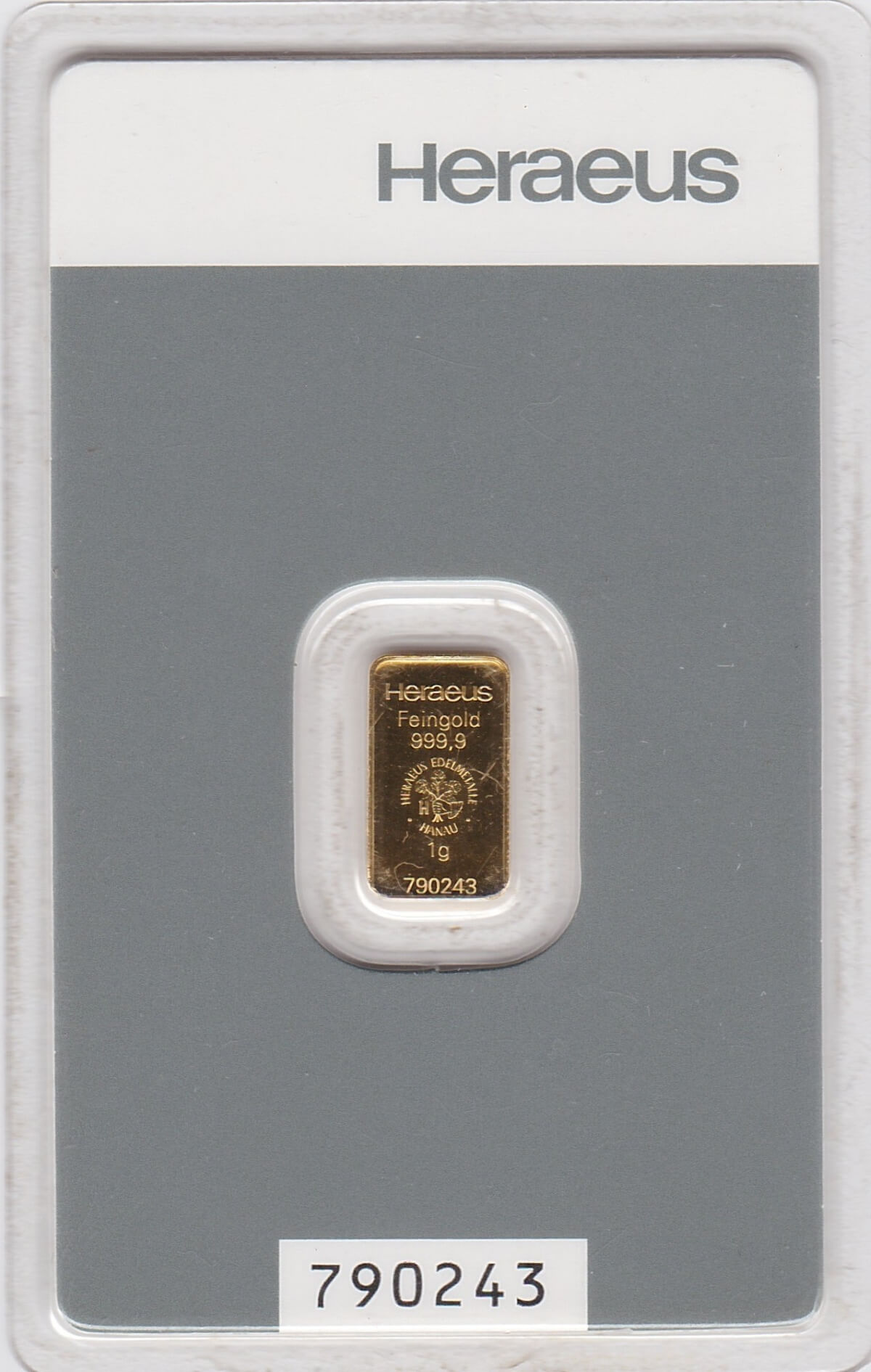 One Gram Gold Bar from Heraeus in Switzerland. This bar contains 1 gram of 999.9 fine gold and comes presented in a plastic credit card sized packet.