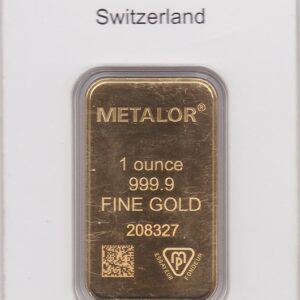 Metalor One Ounce Gold Bar. This sealed 999.9 fine gold bullion bar comes in a plastic credit card packet with specifications.