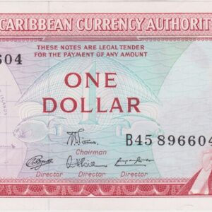 P13d East Caribbean States One Dollar Banknote. This one dollar banknote was issued in 1965, with Prefix / Serial Number B45 896604 with signature number 7.