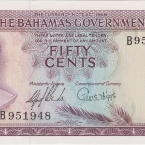 P17a Bermuda Fifty Cents Banknote. This fifty cents banknote was issued in 1965, with Prefix / Serial Number B951948. Queen Elizabeth II on the obverse.