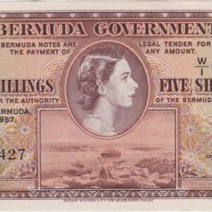 P18b Bermuda Five Shillings Banknote. This five shillings banknote was issued on the 1st May 1957, with Prefix / Serial Number W over 1 050427.