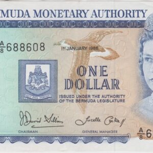 P28c Bermuda One Dollar Banknote. This one dollar banknote was issued on the 1st January 1986, with Prefix / Serial Number A over 8 688608.