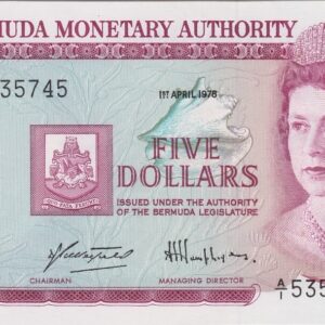 P29a Bermuda Five Dollars Banknote. This five dollars banknote was issued on the 1st April 1978, with Prefix / Serial Number A over 1 535745.