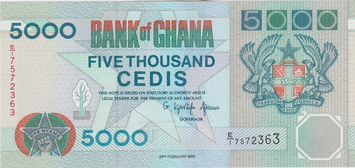 P31c Ghana Five Thousand Cedis Banknote. This banknote was issued on the 23rd February 1995, with Prefix / Serial Number E over 1 752363.