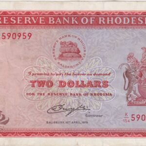 P35d Rhodesia Two Dollars Banknote. This two dollars banknote was issued on the 10th April 1979, with Prefix / Serial Number K over 154 590959.