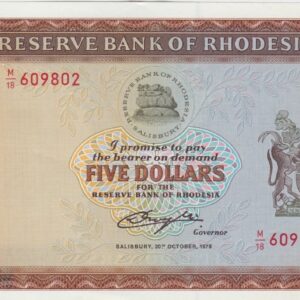 P36b Rhodesia Five Dollars Banknote. This five dollars banknote was issued on the 20th October 1978, with Prefix / Serial Number M over 18 609802.