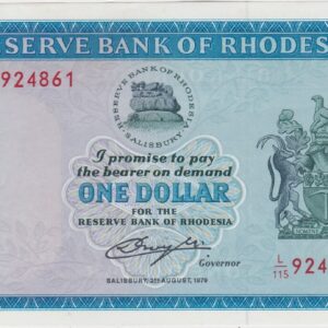 P38 Rhodesia One Dollar Banknote. This one dollar banknote was issued on the 2nd August 1979, with Prefix / Serial Number L over 115 924861.