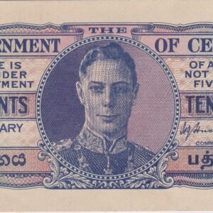 P43a Ceylon Ten Cents Banknote. This ten cents banknote was issued on the 1st February 1942, with Prefix / Serial Number A over 16 605794.