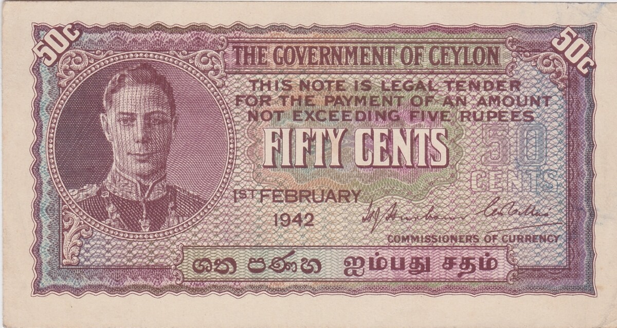 P45a Ceylon Fifty Cents Banknote. This fifty cents banknote was issued on the 1st February 1942, with Prefix / Serial Number A over 4 777249.