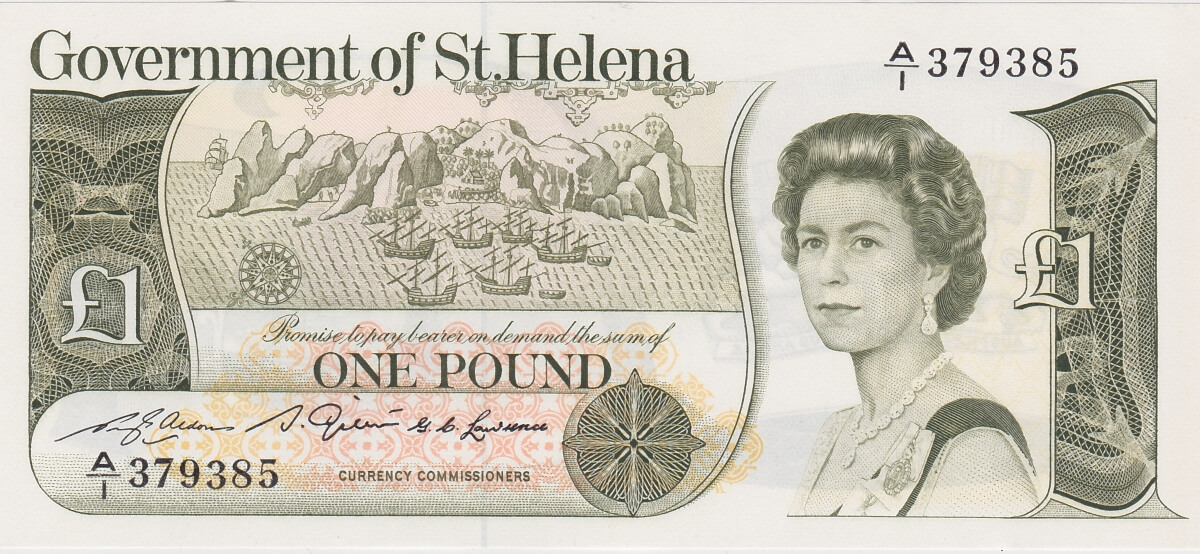 P9a Saint Helena One Pound Banknote. This one pound banknote was issued in 1981. The note has the prefix / serial number A over 1 397385.