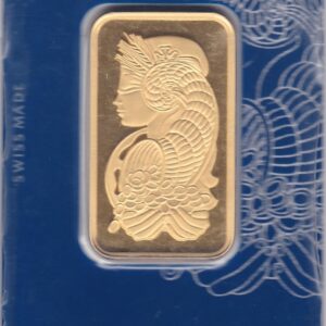 Pamp Lady Fortuna One Ounce Gold Bar . This 999.9 fine gold bullion bar comes in a plastic credit card packet with specifications.