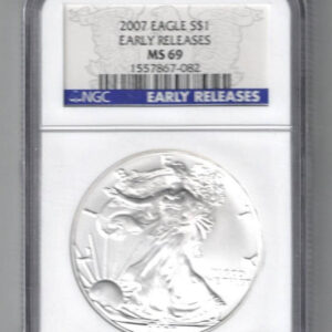Slabbed NGC 2007 Silver USA One Ounce Eagle. The liberty is on the obverse, The eagle is on the reverse. The coin contains one ounce of 999 fine silver.