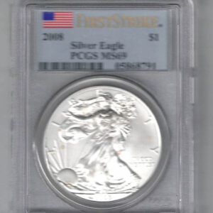 Slabbed PCGS 2008 Silver USA One Ounce Eagle. The liberty is on the obverse, The eagle is on the reverse. The coin contains one ounce of 999 fine silver.
