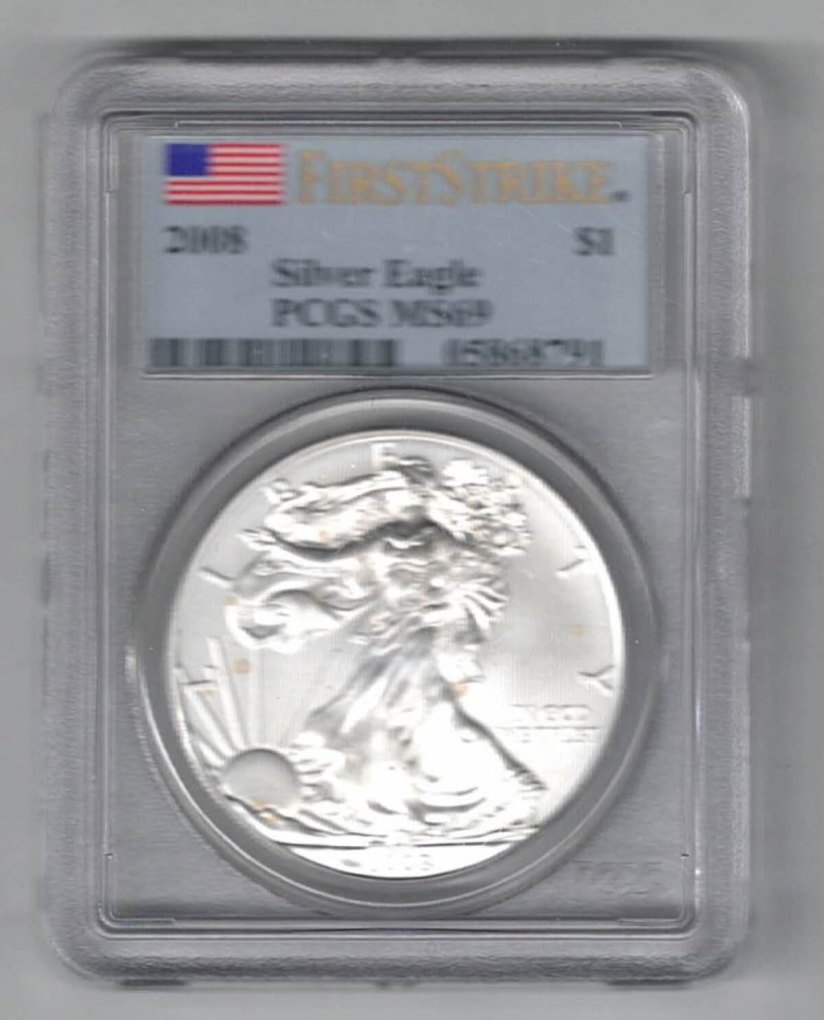 Slabbed PCGS 2008 Silver USA One Ounce Eagle. The liberty is on the obverse, The eagle is on the reverse. The coin contains one ounce of 999 fine silver.