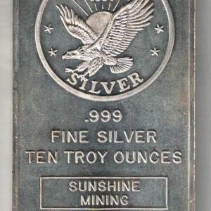 Sunshine Mining Ten Ounce Silver Bar. This bar contains 10 ounces of 999 fine Silver. All of our silver bars have been pre-owned and are in stock.