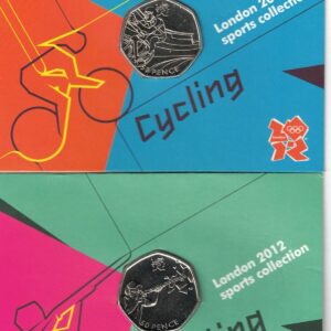 Two 2011 Fifty Pence coins Shooting & Cycling London 2012 cupro-nickel coin featuring Queen Elizabeth on the Obverse. The coins are in stock.