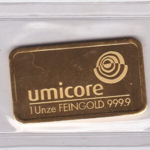 Umicore One Ounce Gold Bar . This 999.9 fine / 24 carat gold bullion bar has the Umicore logo on one side. The other side is blank.