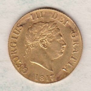 1817 Gold Half Sovereign Coin featuring King George III on the Obverse and the shield design on the Reverse. The coin has edge damage.