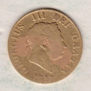 1818 Gold Half Sovereign Coin featuring King George III on the Obverse and the shield design on the Reverse. The coin has been well used.