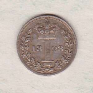 1828 Silver Maundy Penny coin featuring King George IV on the obverse. A central crowned denomination above the date on the reverse.